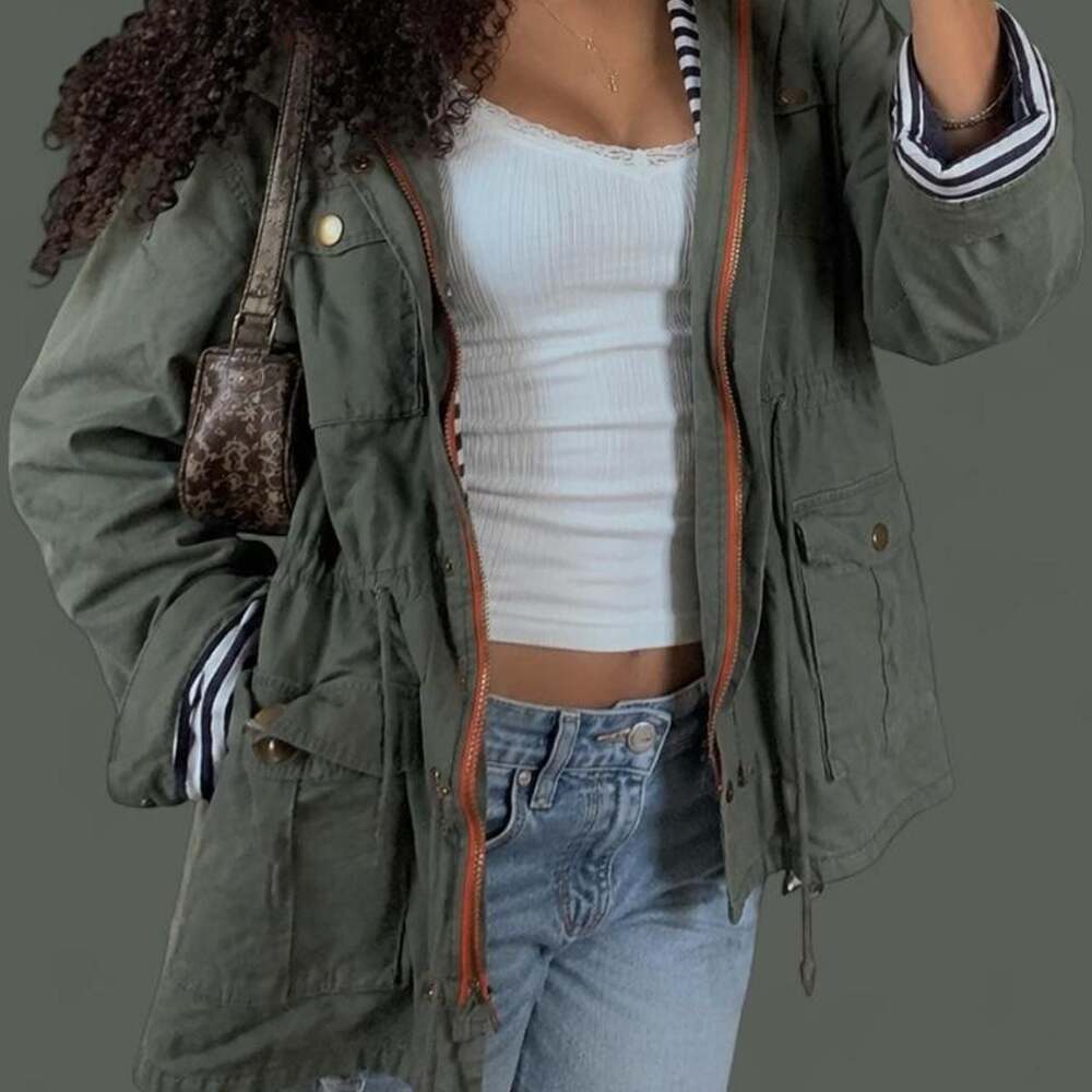 Market & Spruce Military Utility Cargo Jacket Olive Green Striped L